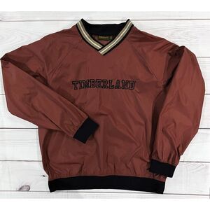 Timberland Windbreaker Jacket Mens XL Burgundy Nylon Long Sleeve V Neck Pullover